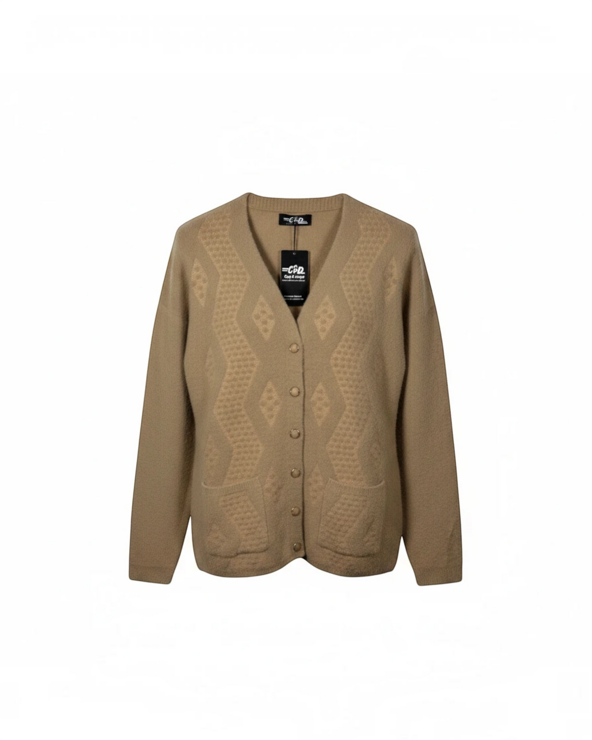 Cozy&Drape tan V-neck button-down cardigan featuring a textured diamond knit pattern and two front pockets.