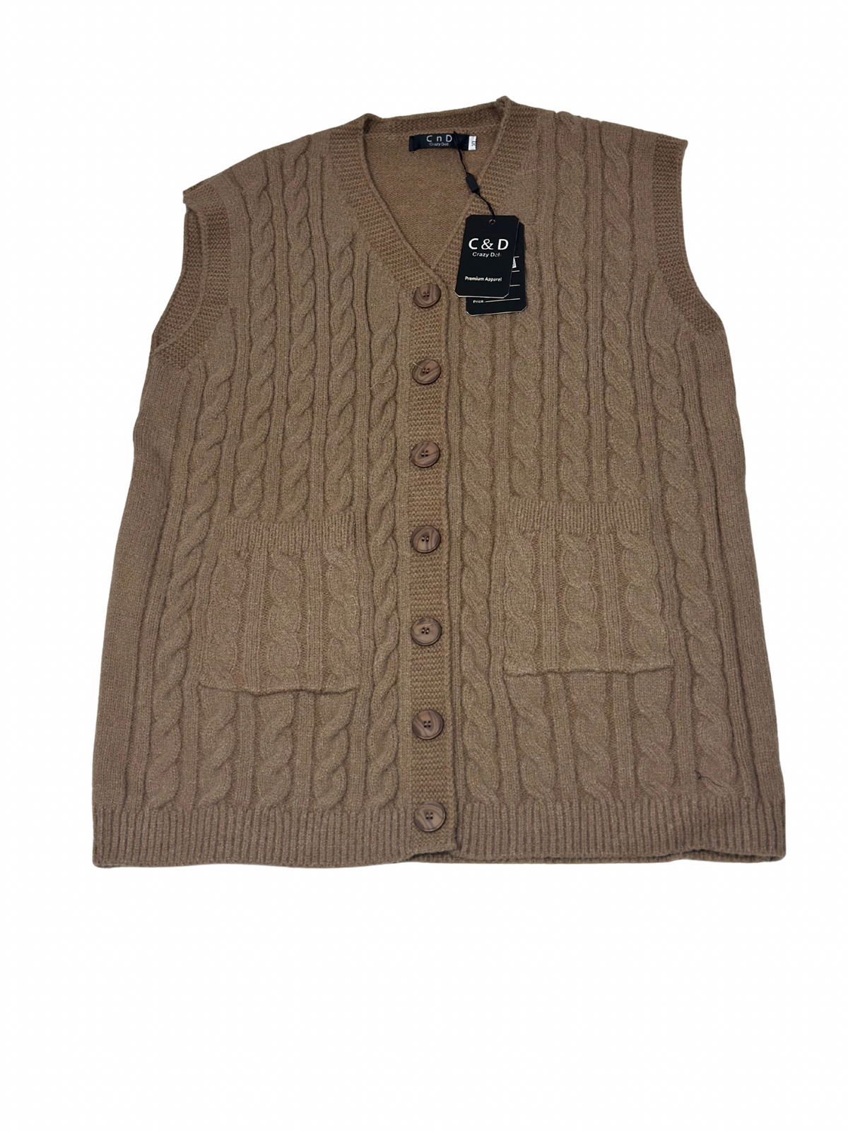 Cozy&Drape sleeveless wool cardigan sweater in tan with cable knit texture, front buttons, and two patch pockets.
