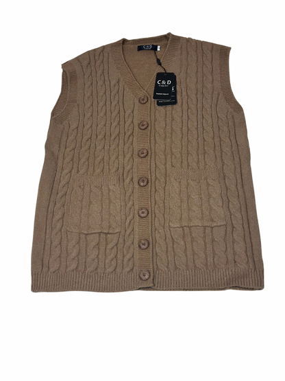 Cozy&Drape sleeveless wool cardigan sweater in tan with cable knit texture, front buttons, and two patch pockets.