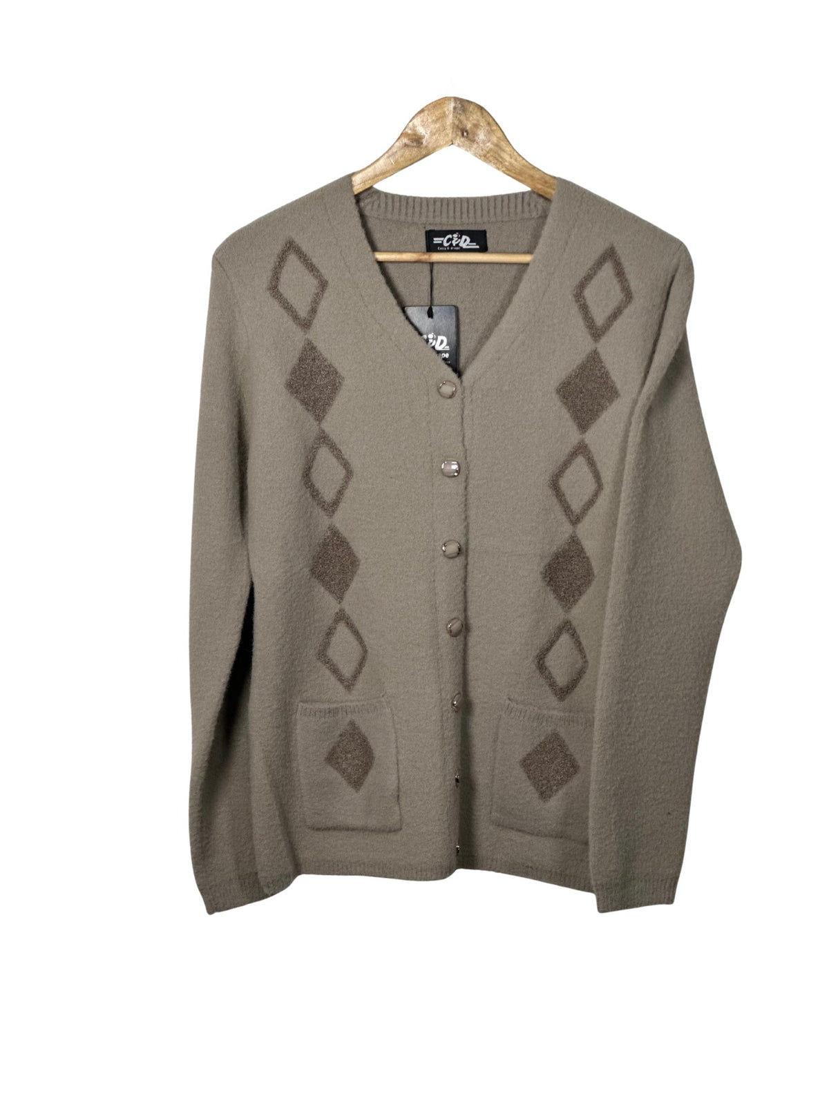 Cozy&Drape taupe button-up cardigan sweater with diamond pattern embroidery and two front pockets on a wooden hanger