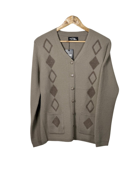 Cozy&Drape taupe button-up cardigan sweater with diamond pattern embroidery and two front pockets on a wooden hanger