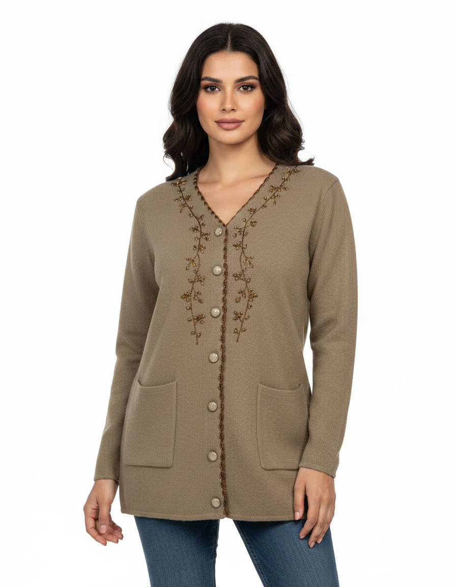 Cozy&Drape taupe knit cardigan with intricate embroidery, button-down front, and pockets worn by a woman.
