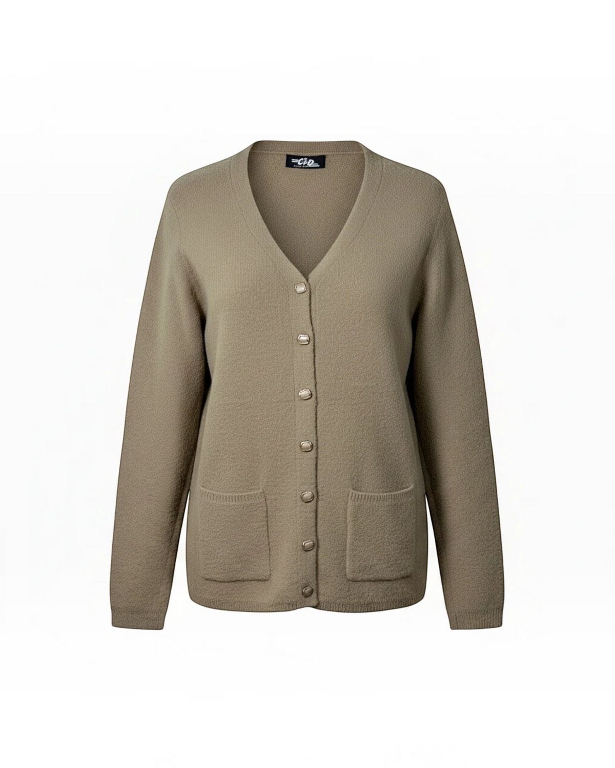 Cozy&Drape taupe knit V-neck cardigan sweater with button-down front and two front pockets