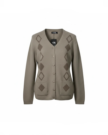 Cozy&Drape taupe knit button-up cardigan with a diamond pattern, V-neckline, and two front pockets.