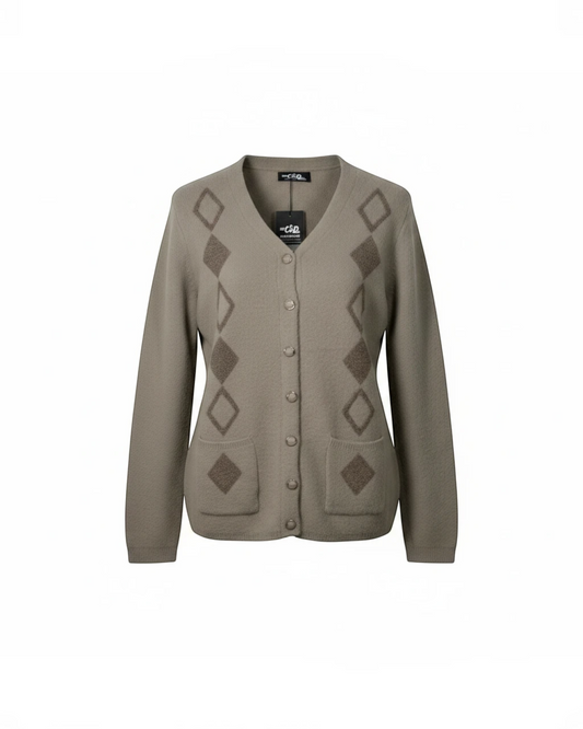 Cozy&Drape taupe knit button-up cardigan with a diamond pattern, V-neckline, and two front pockets.