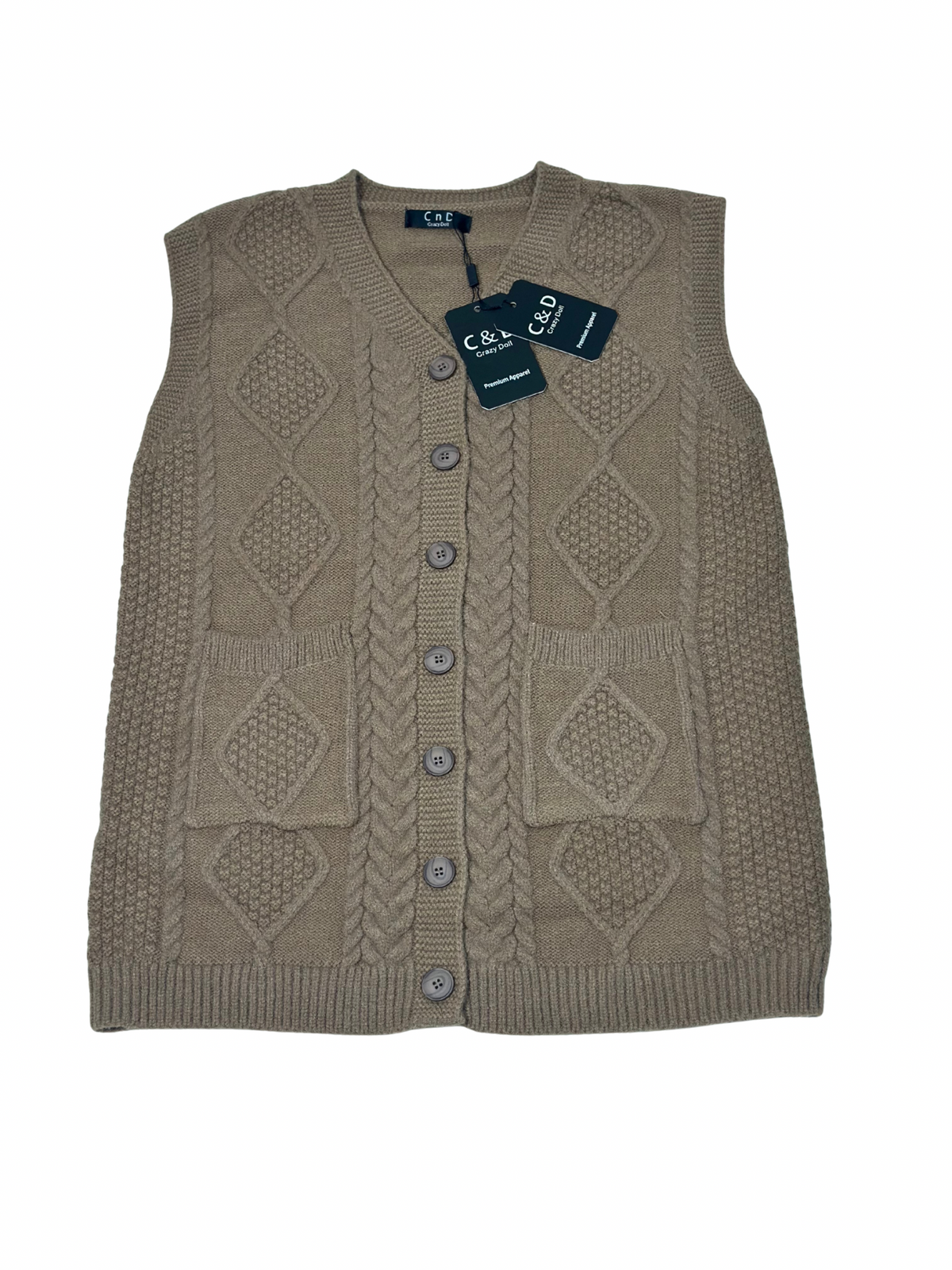 Cozy&Drape sleeveless wool cardigan sweater in taupe with diamond cable knit pattern and front pockets.