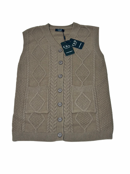Cozy&Drape sleeveless wool cardigan sweater in taupe with diamond cable knit pattern and front pockets.