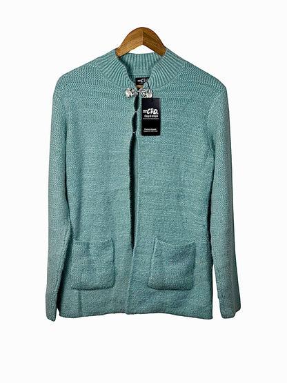 Cozy&Drape teal knit cardigan sweater with long sleeves, ribbed collar, and two front pockets on a wooden hanger
