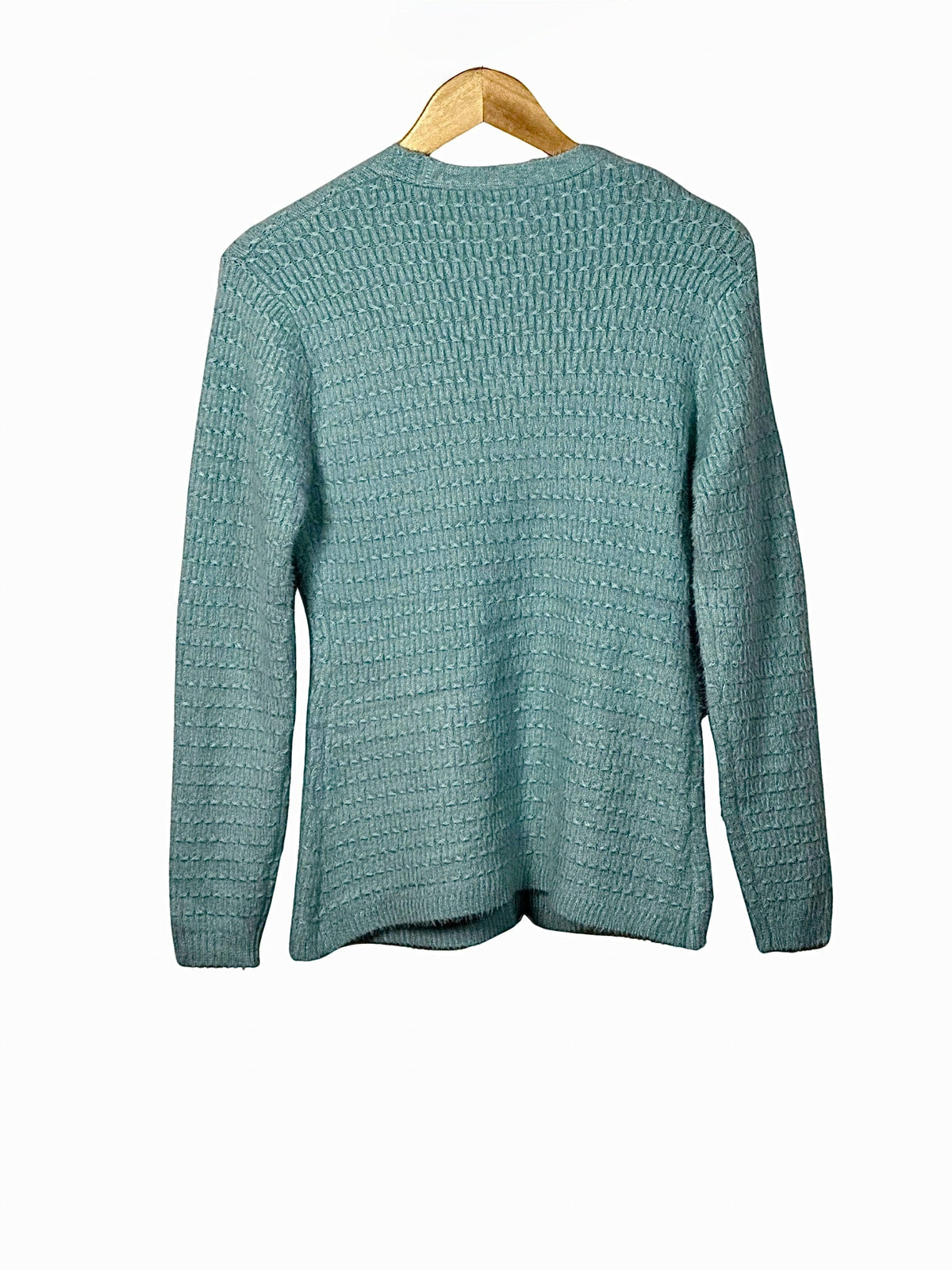 Cozy&Drape teal full-sleeves cardigan sweater with a textured knit pattern hanging on a wooden hanger