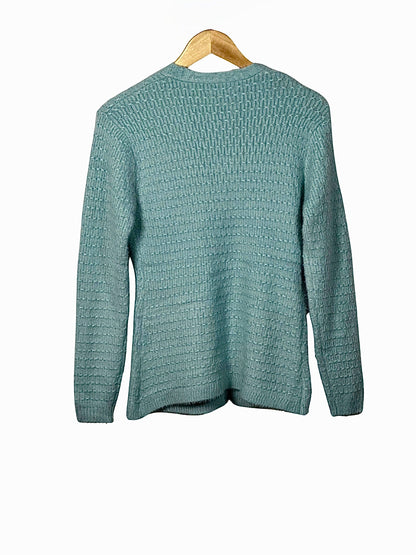 Cozy&Drape teal full-sleeves cardigan sweater with a textured knit pattern hanging on a wooden hanger