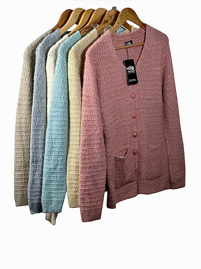 Cozy&Drape collection of textured full-sleeve button-up cardigan sweaters in various pastel and neutral colors