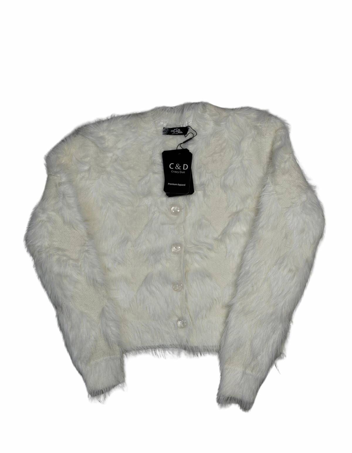 Cozy&Drape white extra short faux fur cardigan sweater with button-up front and long sleeves