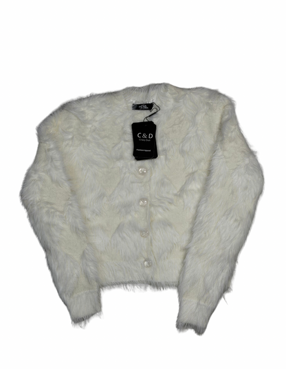Cozy&Drape white extra short faux fur cardigan sweater with button-up front and long sleeves