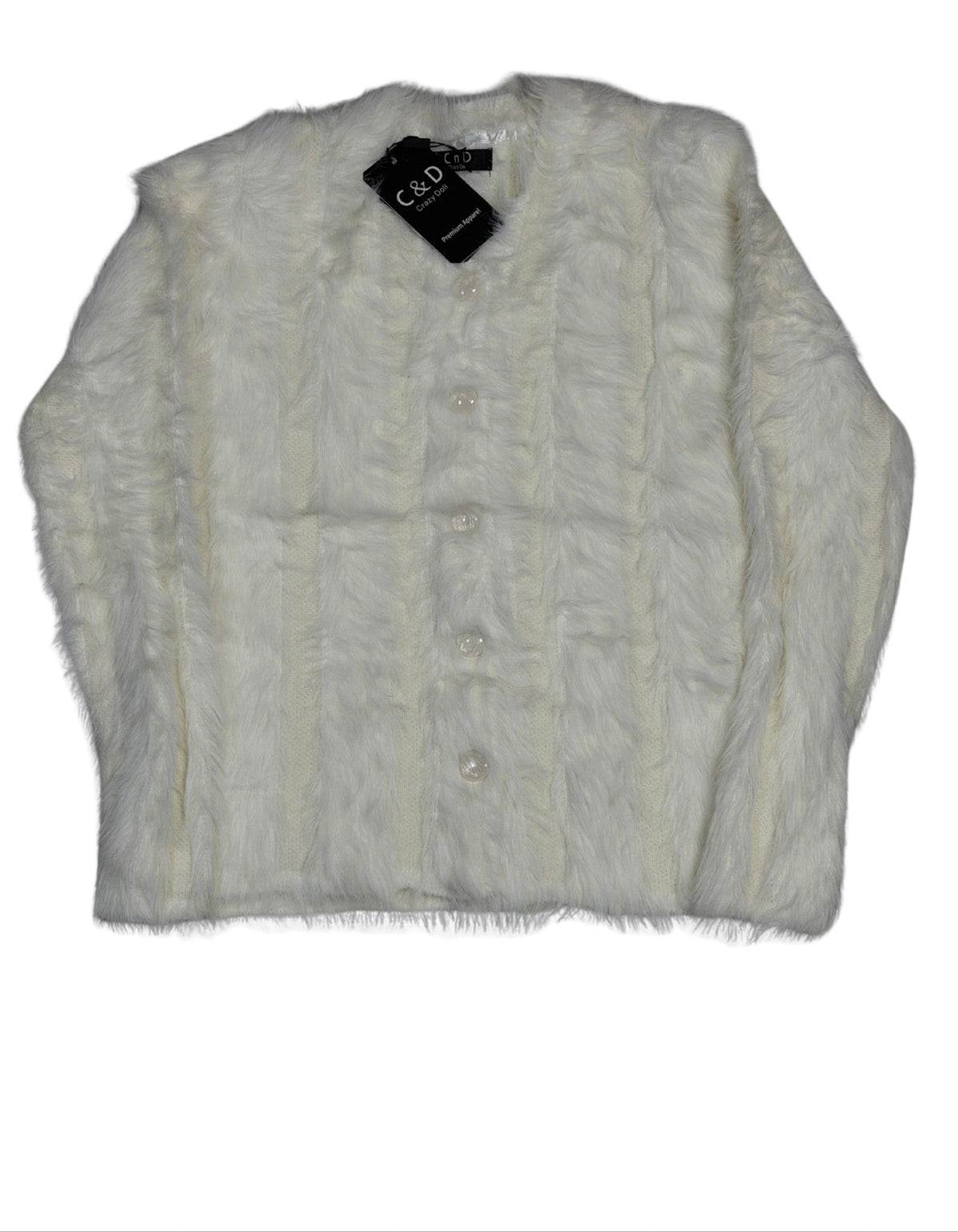 Cozy&Drape white faux fur button-up cardigan sweater with vertical ribbed texture and long sleeves
