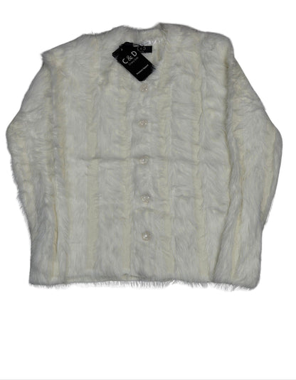 Cozy&Drape white faux fur button-up cardigan sweater with vertical ribbed texture and long sleeves