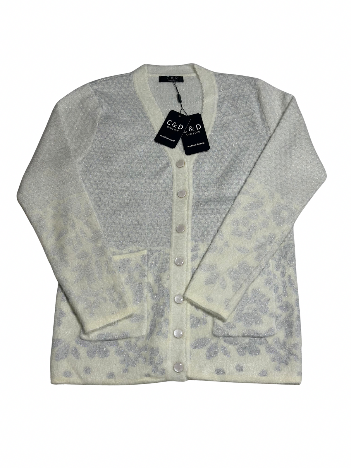 Cozy&Drape white and grey wool cardigan sweater with long sleeves, front buttons, and two patch pockets.