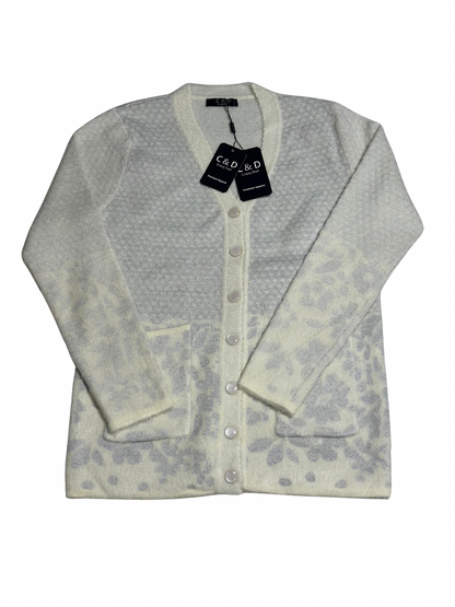 Cozy&Drape white and grey wool cardigan sweater with long sleeves, front buttons, and two patch pockets.