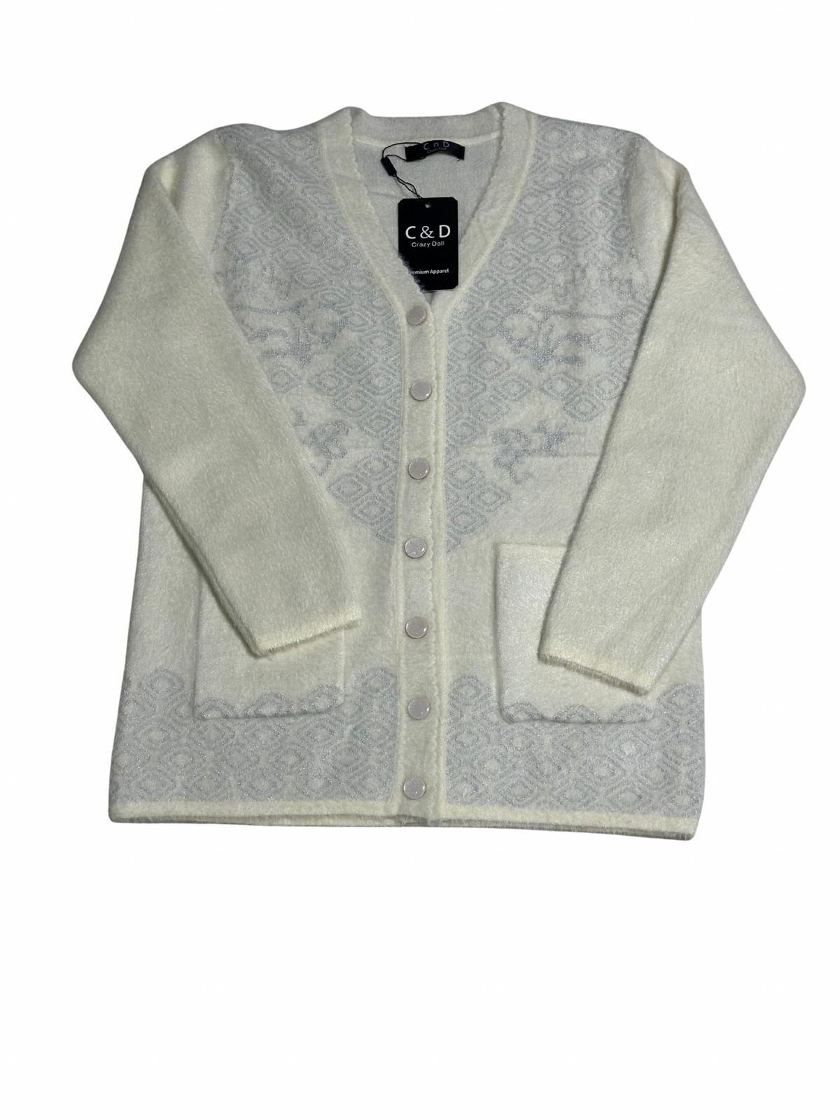 Cozy&Drape white wool cardigan sweater with front pockets and subtle grey geometric pattern