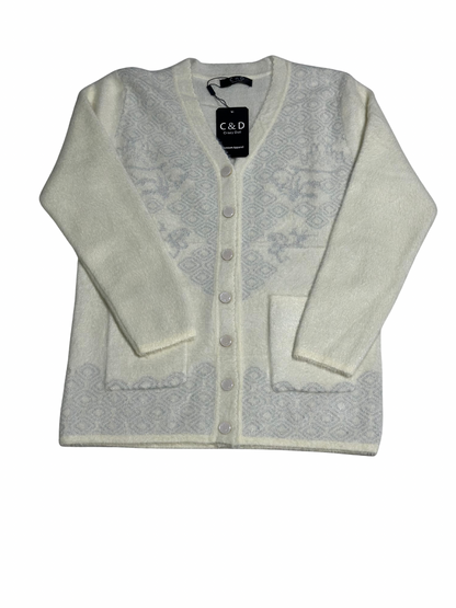 Cozy&Drape white wool cardigan sweater with front pockets and subtle grey geometric pattern