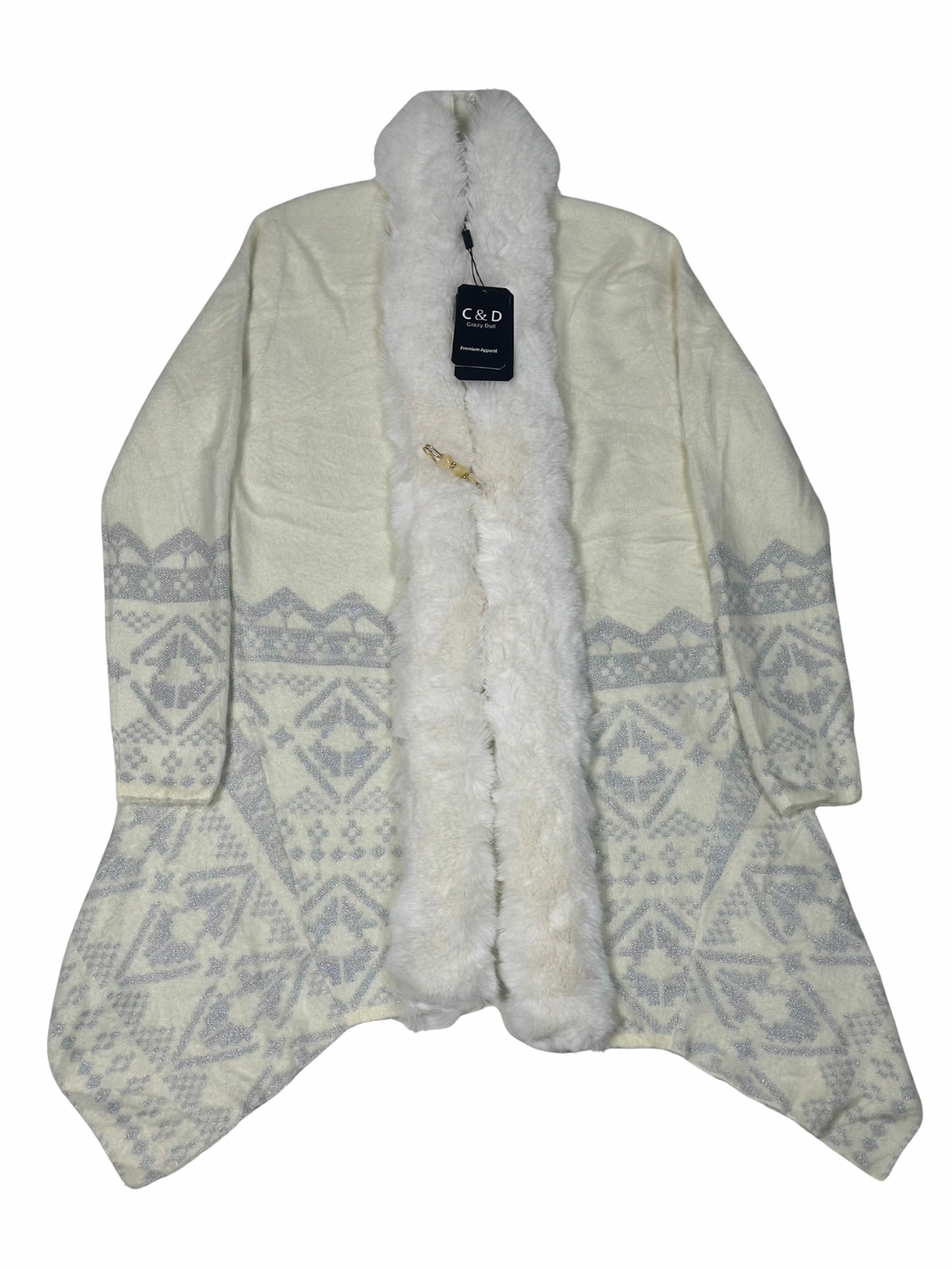 Cozy&Drape cream wool cardigan shrug with a white faux fur muffler collar and grey geometric knit patterns